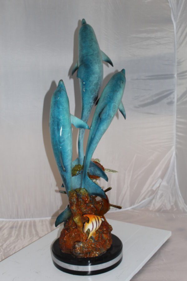 Three Dolphins W turtles and fish Bronze Statue -  Size: 16"L x 16"W x 40"H.