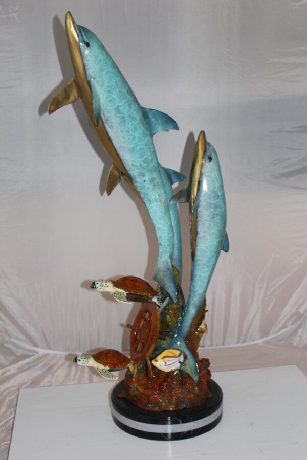 Three Dolphins W turtles and fish Bronze Statue -  Size: 16"L x 16"W x 40"H.