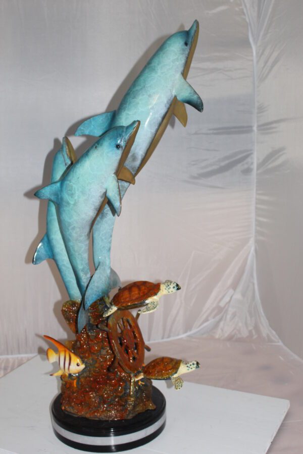 Three Dolphins W turtles and fish Bronze Statue -  Size: 16"L x 16"W x 40"H.