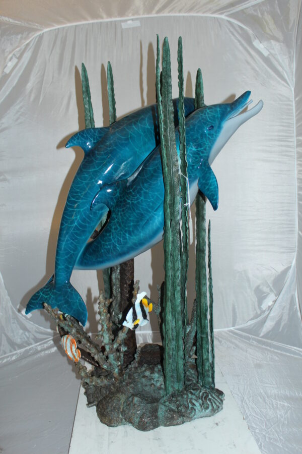 Two dolphins w small fish fountain Bronze Statue -  Size: 33"L x 30"W x 42"H.