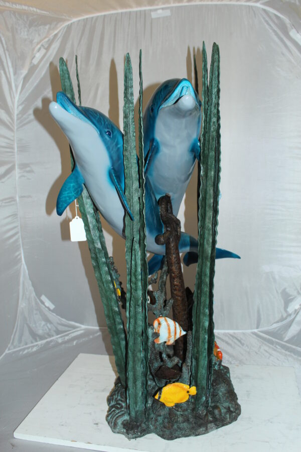 Two dolphins w small fish fountain Bronze Statue -  Size: 33"L x 30"W x 42"H.