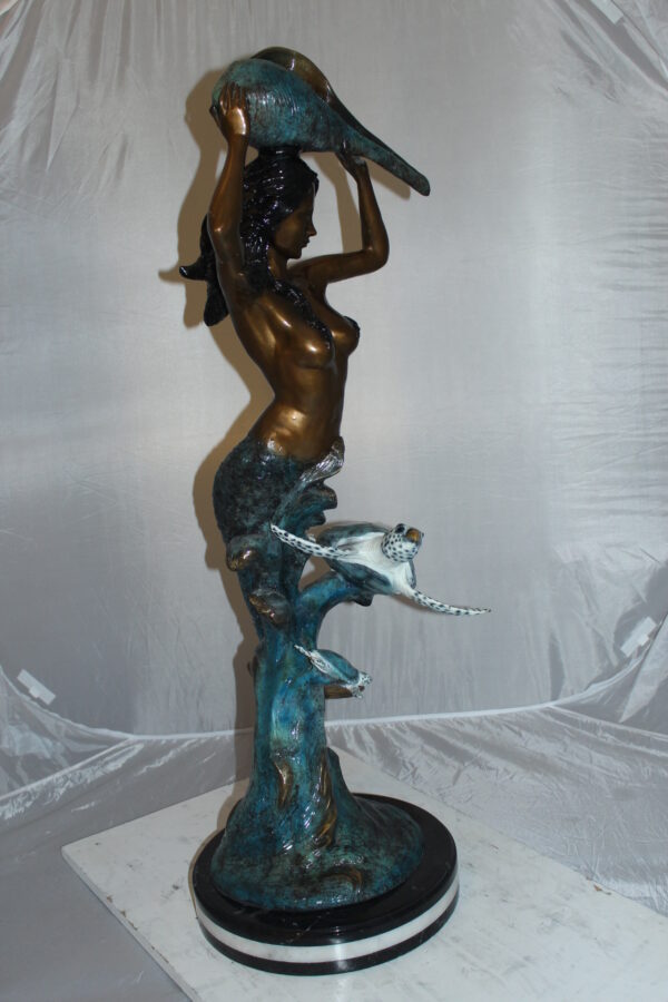 Mermaid 43 holding a shell fountain Bronze Statue -  Size: 14"L x 24"W x 43"H.