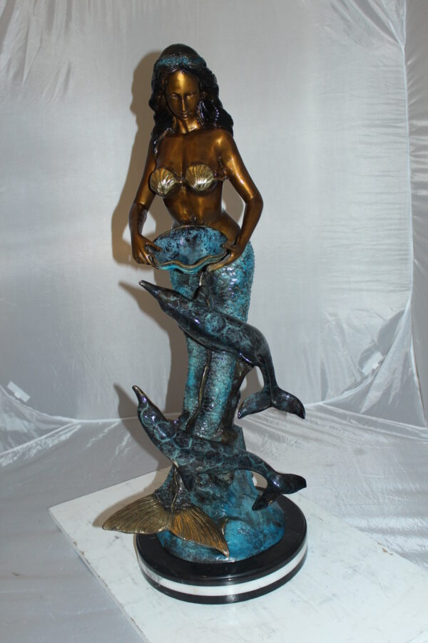 Mermaid with Dolphin Fountain Bronze Statue -  Size: 16"L x 16"W x 39"H.