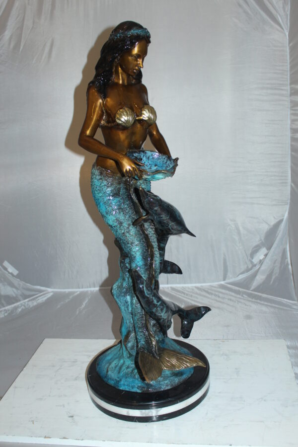 Mermaid with Dolphin Fountain Bronze Statue -  Size: 16"L x 16"W x 39"H.