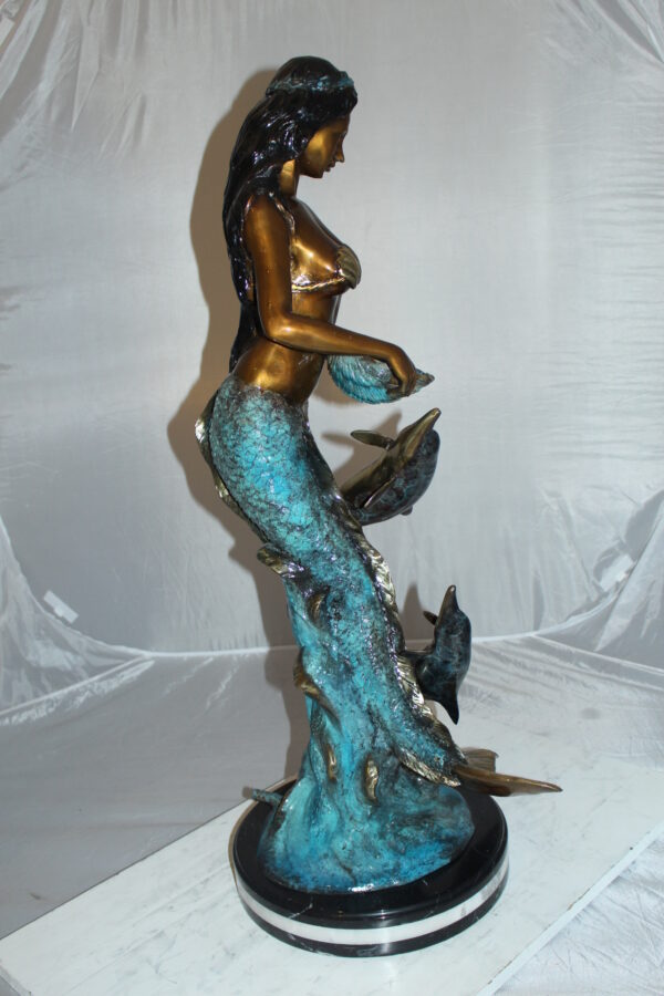 Mermaid with Dolphin Fountain Bronze Statue -  Size: 16"L x 16"W x 39"H.