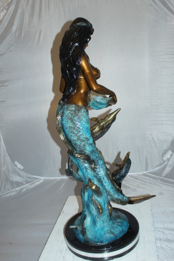 Mermaid with Dolphin Fountain Bronze Statue -  Size: 16"L x 16"W x 39"H.