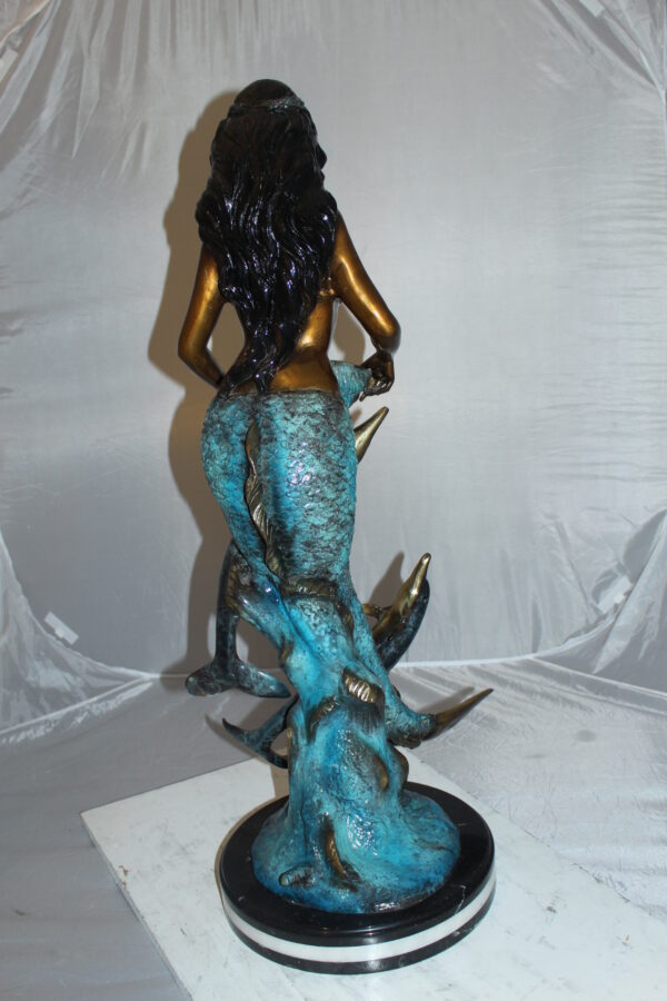 Mermaid with Dolphin Fountain Bronze Statue -  Size: 16"L x 16"W x 39"H.