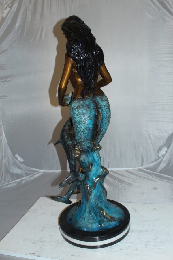 Mermaid with Dolphin Fountain Bronze Statue -  Size: 16"L x 16"W x 39"H.