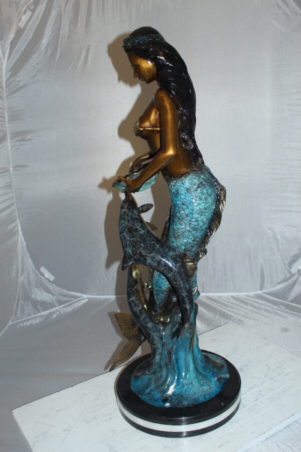 Mermaid with Dolphin Fountain Bronze Statue -  Size: 16"L x 16"W x 39"H.