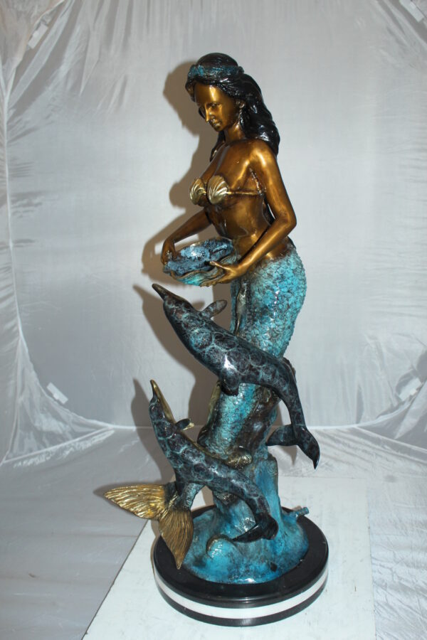 Mermaid with Dolphin Fountain Bronze Statue -  Size: 16"L x 16"W x 39"H.