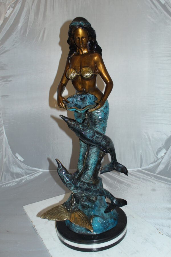 Mermaid with Dolphin Fountain Bronze Statue -  Size: 16"L x 16"W x 39"H.