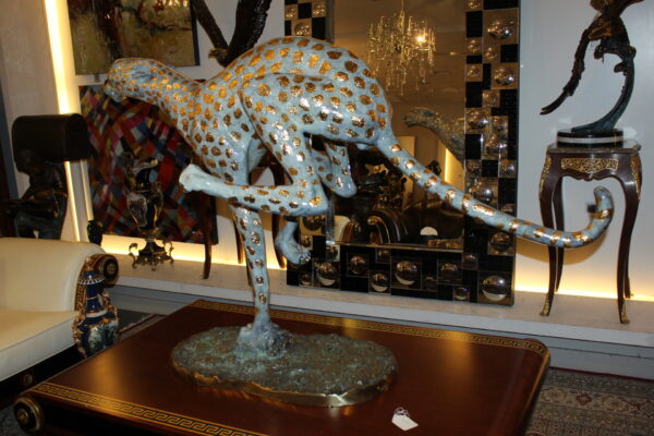 Running Cheetah - Gold Pleated Bronze Statue -  Size: 67"L x 23"W x 41"H.