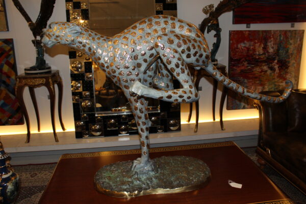 Running Cheetah - Gold Pleated Bronze Statue -  Size: 67"L x 23"W x 41"H.