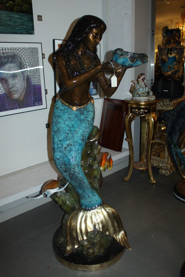 Mermaid holding shell L, W turtle and fish Bronze fountain -  38" x 24" x 68"H.