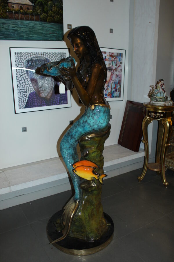 Mermaid holding shell L, W turtle and fish Bronze fountain -  38" x 24" x 68"H.