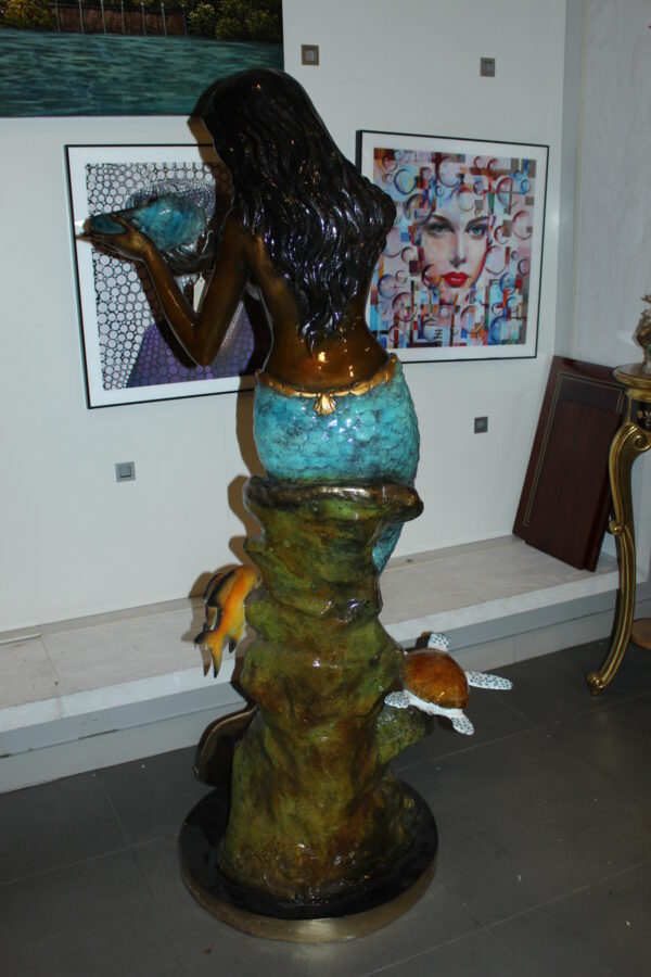 Mermaid holding shell L, W turtle and fish Bronze fountain -  38" x 24" x 68"H.