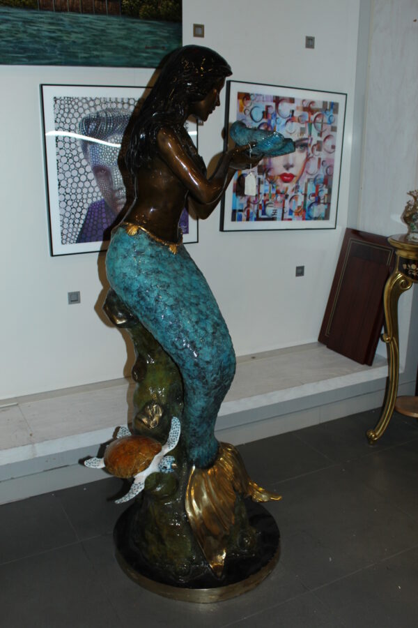 Mermaid holding shell L, W turtle and fish Bronze fountain -  38" x 24" x 68"H.