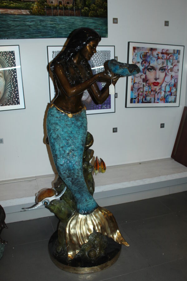 Mermaid holding shell L, W turtle and fish Bronze fountain -  38" x 24" x 68"H.