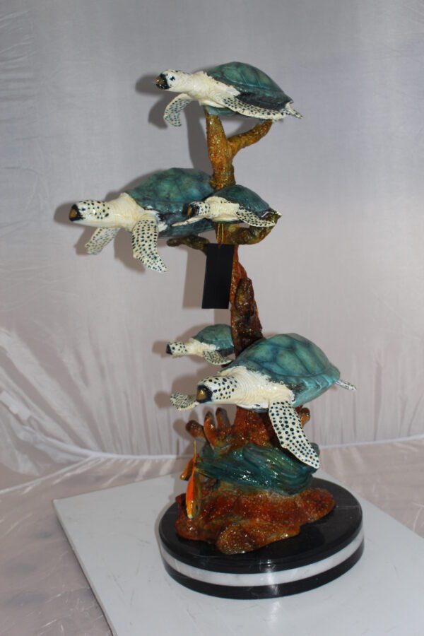 Five Sea Turtles Swimming Bronze Statue -  Size: 20"L x 16"W x 30"H.