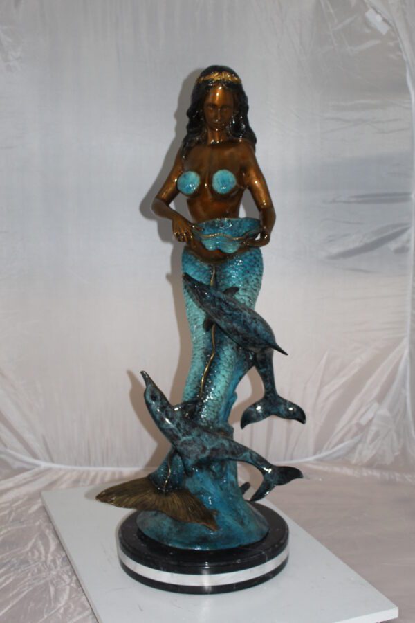 Mermaid with 2 dolphins Bronze Statue -  Size: 14"L x 14"W x 28"H.