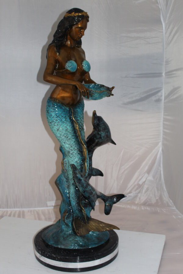 Mermaid with 2 dolphins Bronze Statue -  Size: 14"L x 14"W x 28"H.