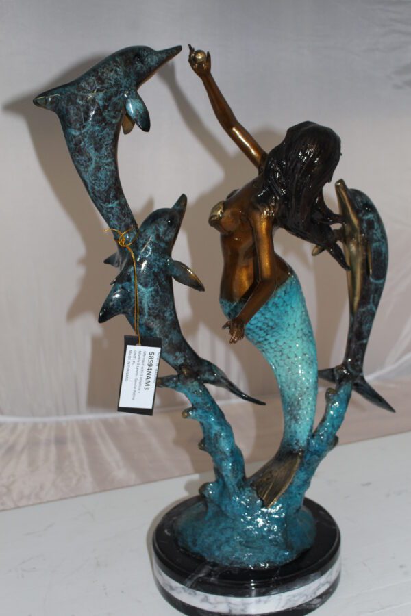 Mermaid with 3 dolphins Bronze Statue -  Size: 16"L x 10"W x 25"H.