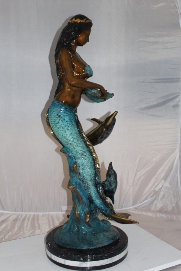 Mermaid with 2 dolphins Bronze Statue -  Size: 14"L x 14"W x 28"H.