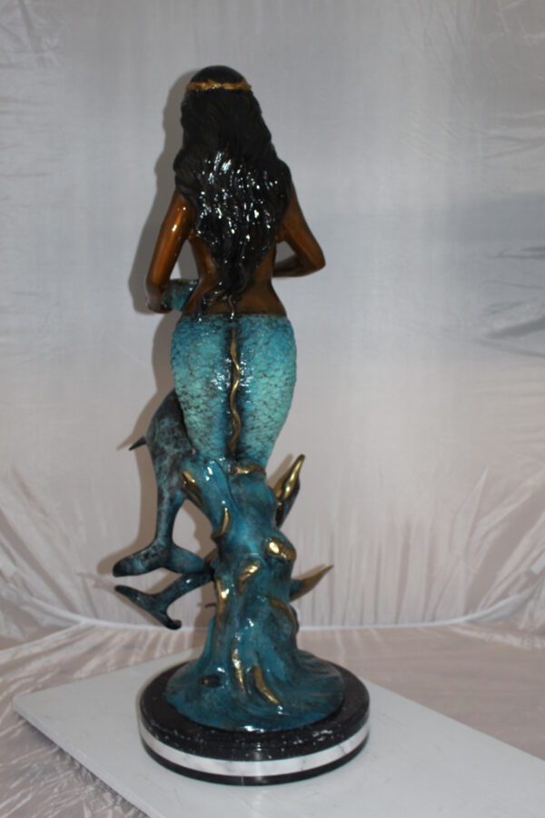 Mermaid with 2 dolphins Bronze Statue -  Size: 14"L x 14"W x 28"H.