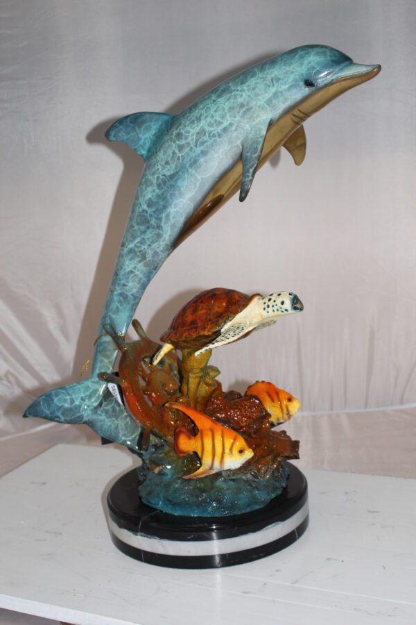 Dolphin turtle and 2 fish Bronze Statue -  Size: 18"L x 16"W x 25"H.