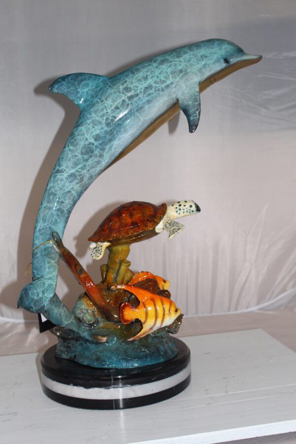 Dolphin turtle and 2 fish Bronze Statue -  Size: 18"L x 16"W x 25"H.