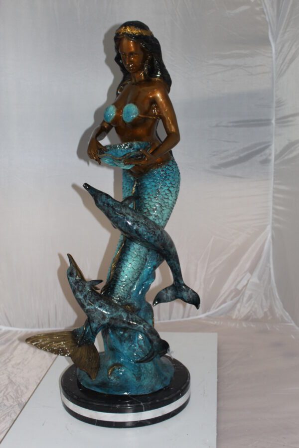 Mermaid with 2 dolphins Bronze Statue -  Size: 14"L x 14"W x 28"H.