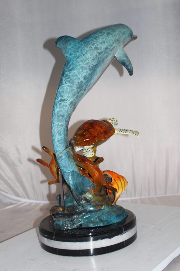 Dolphin turtle and 2 fish Bronze Statue -  Size: 18"L x 16"W x 25"H.