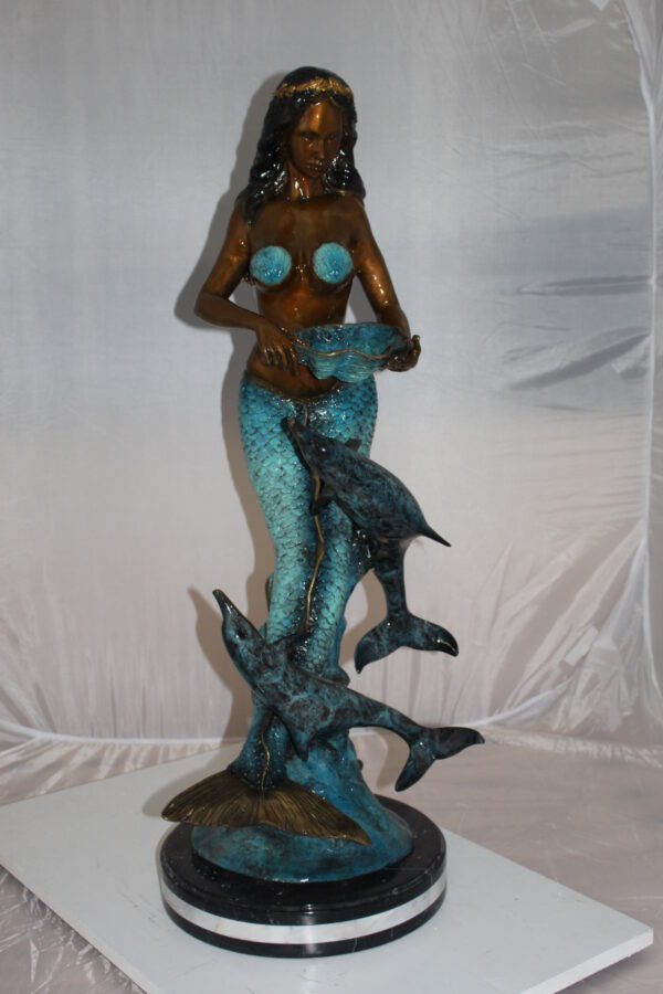 Mermaid with 2 dolphins Bronze Statue -  Size: 14"L x 14"W x 28"H.