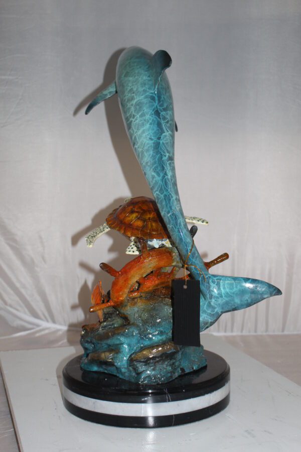 Dolphin turtle and 2 fish Bronze Statue -  Size: 18"L x 16"W x 25"H.