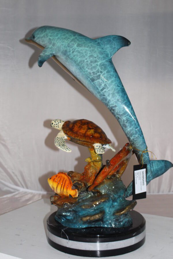 Dolphin turtle and 2 fish Bronze Statue -  Size: 18"L x 16"W x 25"H.