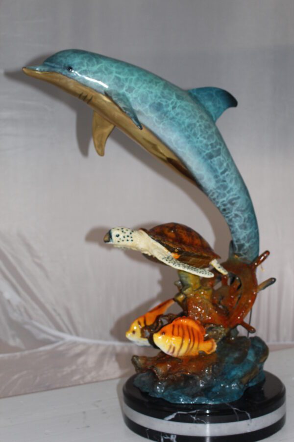Dolphin turtle and 2 fish Bronze Statue -  Size: 18"L x 16"W x 25"H.