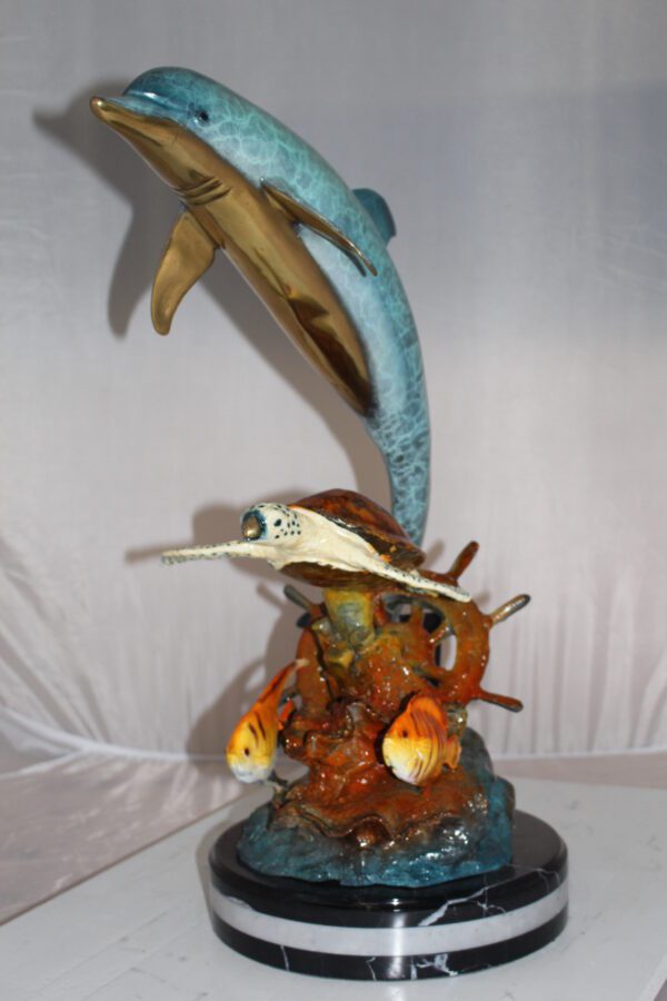 Dolphin turtle and 2 fish Bronze Statue -  Size: 18"L x 16"W x 25"H.