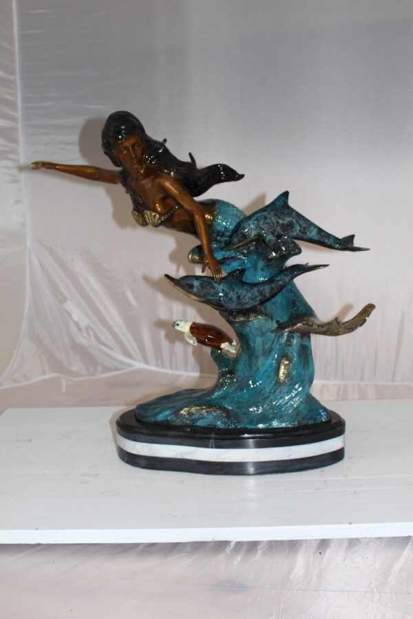 Mermaid w Dolphin and turtle Bronze Statue -  Size: 19"L x 9"W x 22"H.