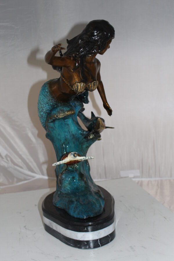 Mermaid w Dolphin and turtle Bronze Statue -  Size: 19"L x 9"W x 22"H.