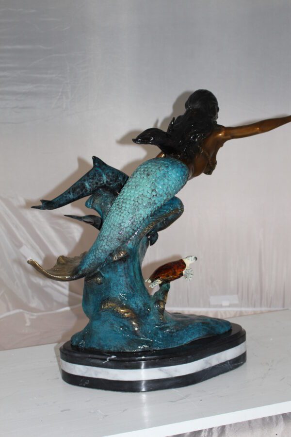 Mermaid w Dolphin and turtle Bronze Statue -  Size: 19"L x 9"W x 22"H.