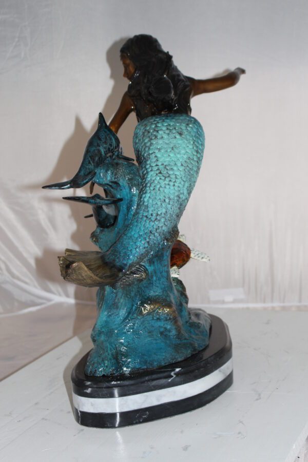 Mermaid w Dolphin and turtle Bronze Statue -  Size: 19"L x 9"W x 22"H.