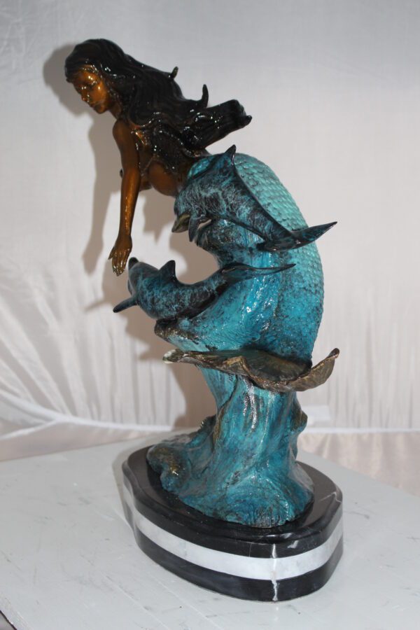 Mermaid w Dolphin and turtle Bronze Statue -  Size: 19"L x 9"W x 22"H.