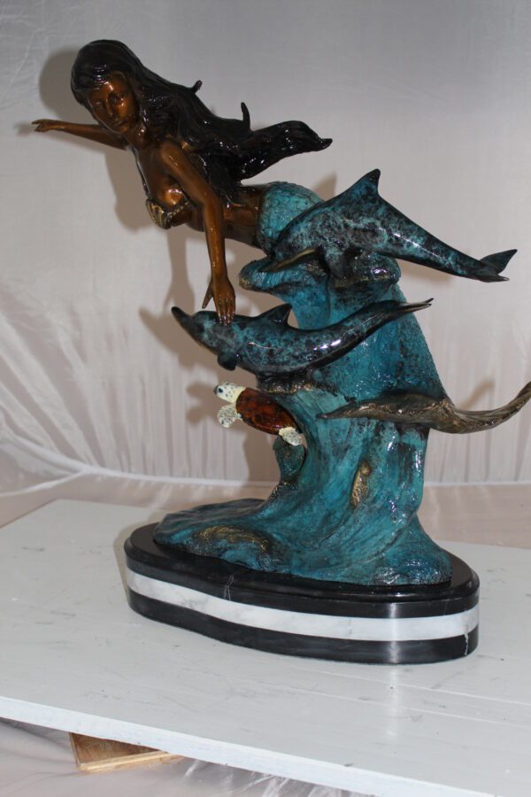 Mermaid w Dolphin and turtle Bronze Statue -  Size: 19"L x 9"W x 22"H.