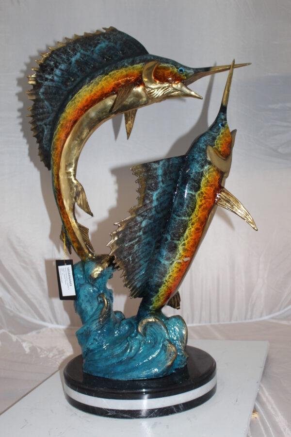 Two Sailfish Fish Bronze Statue Bronze Statue -  Size: 20"L x 16"W x 34"H.