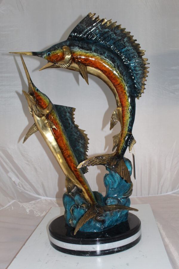 Two Sailfish Fish Bronze Statue Bronze Statue -  Size: 20"L x 16"W x 34"H.