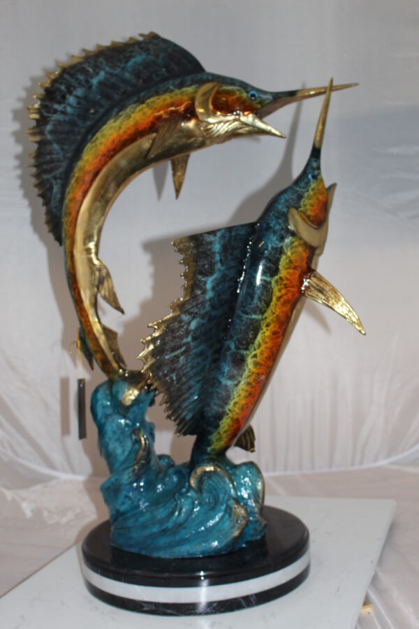 Two Sailfish Fish Bronze Statue Bronze Statue -  Size: 20"L x 16"W x 34"H.