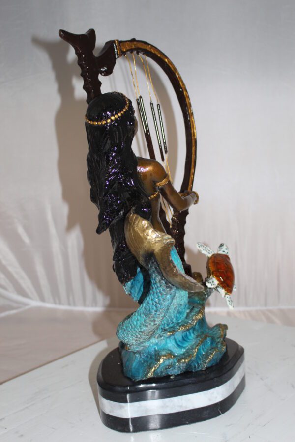 Mermaid play harp Bronze Statue -  Size: 13"L x 8"W x 22"H.