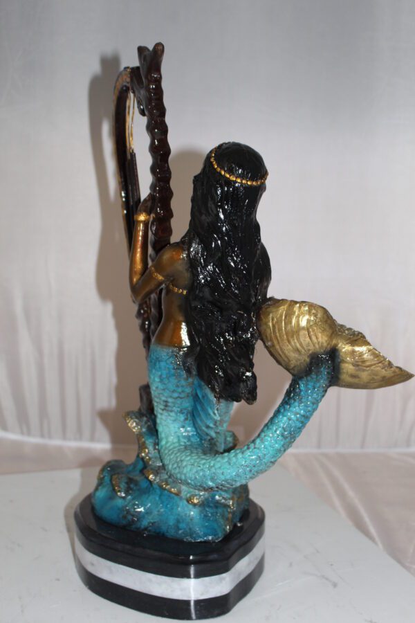 Mermaid play harp Bronze Statue -  Size: 13"L x 8"W x 22"H.