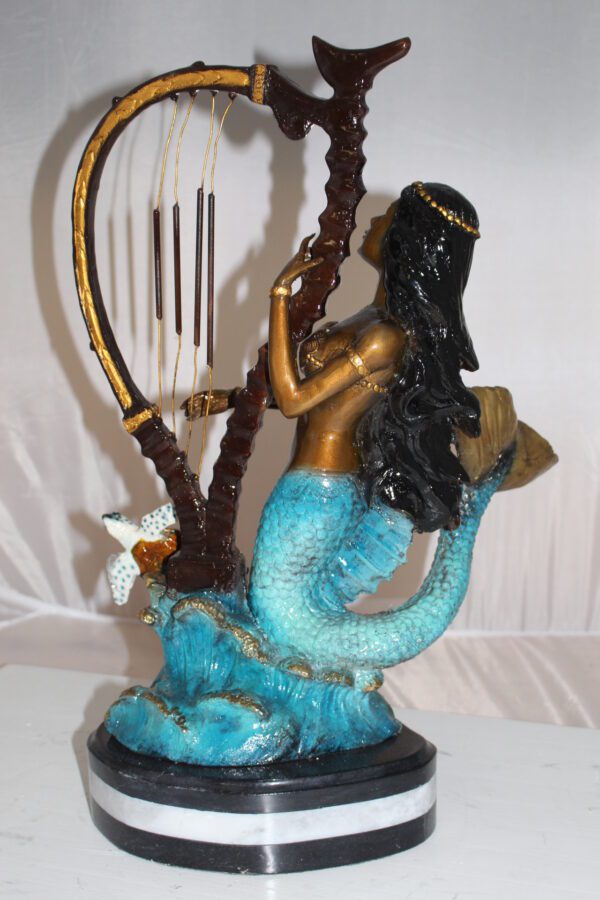 Mermaid play harp Bronze Statue -  Size: 13"L x 8"W x 22"H.