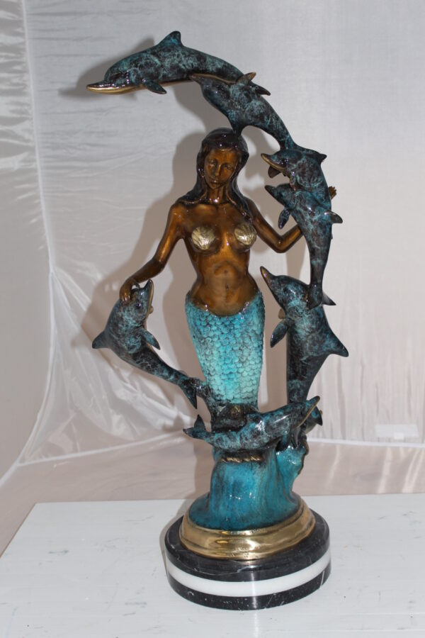 Mermaid w 7 Dolphins Bronze Statue -  Size: 12"L x 12"W x 29"H.